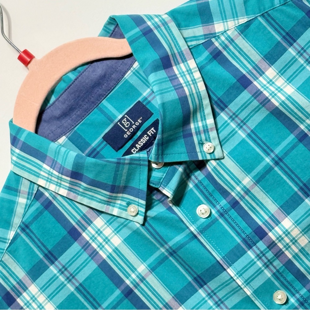 George Men's Aqua and‎ Blue Plaid Size L Classic Fit Shirt Excellent